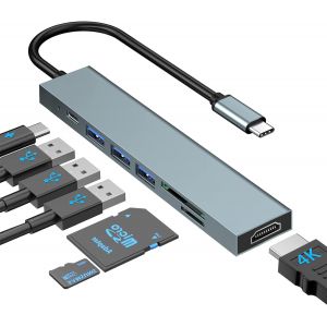JGD-Adaptateur multiport USB C Hub 7 en 1 avec USB-C vers HDMI 4K, Lecteur de Carte SD/TF/1*USB 3.1/2*USB 2.0/1*Type C 100 W, Compatible avec MacBook Pro 2022/2021/2020/2019, Surface Book Plus - Neuf