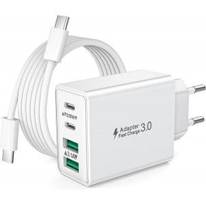 Chargeur USB C, 40W 4 Port Prise Chargeur iPhone Rapide Multiple Prise USBC avec 2M Cable USB C pour iPhone 17 16 15 Pro Max Plus iPad, Samsung,Adaptateur Secteur Type C avec Cable C vers C - Neuf