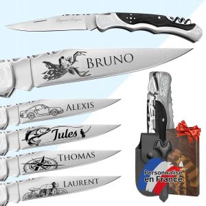 Couteau Homme Personnalisé-Marque Laguiole Gravé Avec Un Prénom-Couteau Pliant Personnalisable-Cadeau Fête Des Pères-Idée Cadeau Pour Homme,Papa (Noir,Couteau Tire-Bouchon) - Neuf