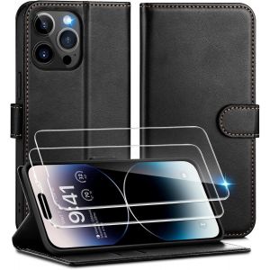 LORANKA-Coque pour iPhone 14 Pro + 2 Verre Tremp&eacute;, Premium en Cuir PU Portefeuille Flip Magn&eacute;tique Pochette Antichoc Housse en Clapet de Protection Etui pour iPhone 14 Pro(6,1 Pouces)-Noir - Neuf