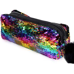 ERYI-Grande Capacité Étui À Crayons Paillettes Pour Les Adolescentes, Trousse De Maquillage Cosmétique Pailletée Pour Femmes (Arc-En-Ciel Avec Or) - Neuf