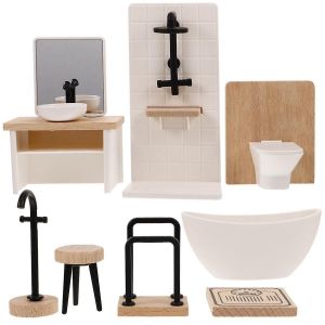 8pcs Salle De Bains Toilette Baignoire Bassin En Bois Armoire De Salle De Bain Avec Lavabo Miniature Meubles Pour Poup&eacute;e - Neuf