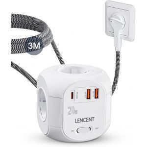 Multiprise avec Interrupteur Cube Secteur 4 Prises, 2 USB et 1 Type C PD 20W, Multiprise USB Parafoudre et Interrupteurs Rallonge Electrique 3M C&acirc;ble la Maison et au Bureau - Neuf