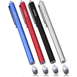 4 x Universal Capacitive Touch Pens Replaceable Microfibre Stylus Tip + 4 Replacement Tips and 1 x Screen Cleaning Pad (Black / Silver / Red / Dark Blue) - Neuf