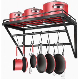 MEVRONISSHOP-Porte-Casseroles Industrielle, Rack Cuisine avec 12 crochets, Etag&egrave;re Mural de Suspension pour Ustensiles Support de Pot en Acier Inoxydable - Noir - Neuf