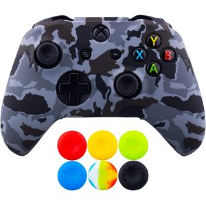 1 X Silicone Transfert Impression Protecteur Couverture Peau + 6 Thumb Grips Et Bouchons Anti-Poussi&egrave;re Pour Manette Xbox One/S/X Gris Camouflage - Neuf