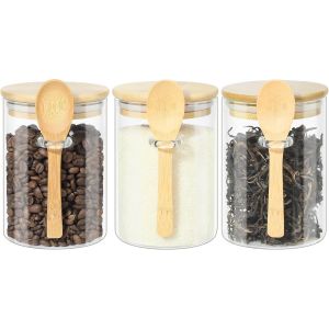 Lot De 3 Bocaux De Conservation En Verre Avec Couvercle Et Cuillère 600 Ml Bocaux À Thé,Café Et Sucre Bocaux À Épices Hermétiques Avec Couvercle En Bois - Neuf