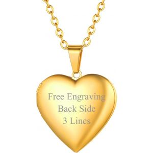 Kal-Collier Porte Photo Femme Pendentif Coeur Avec Motifs Personnalisable Chaîne Plaqué Or 50+5cm/2,5mm Bijoux Tendance Cadeau Anniversaire Noël Fête Des Mère - Neuf