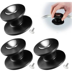 Lot De 3 Poign&eacute;es De Couvercle Ignifuge En Plastique Et Acier Inoxydable,Poign&eacute;es Universelles Pour Couvercle De Casserole,Bouton De Couvercle En Verre Noir/Argent&eacute; - Neuf