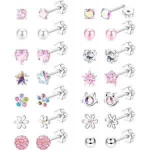 Kalanka-12/14paires Boucles D'oreilles Femme Acier Inoxydable Boucles D'oreilles Enfants Fille Hypoallergéniques Boucle D'oreille Fleur Coeur Étoile Cz Multicolore Vis Dos Boucles D'oreilles Ensemble - Neuf
