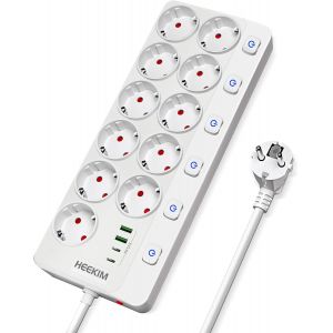 Multiprise, Multiprise Usb, Multiprise Murale Commutable Individuellement 11 Prises Avec 2 Usb-A Et 2 Usb-C, 4000W/16A, Câble D'Extension De 2M, Blanc - Neuf