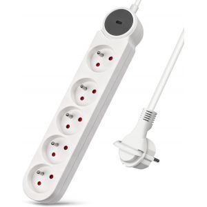 Extrastar Multiprise 5 Prises avec Fiche Plate,Bloc Multiprises avec Interrupteur, Rallonge 3m 230 V avec s&eacute;curit&eacute; Enfant pour Maison, Bureau, Blanc - Neuf