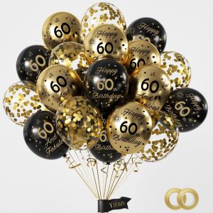 Decoration Anniversaire 60 ans,15pcs 12"" 60 Ans Décoration Anniversaire de Fête en Noir Or,Ballon Anniversaire Kit Ballon Noir Or,Deco Anniversaire pour 60 ans Anniversaire Garcon Fille Femme Homme - Neuf