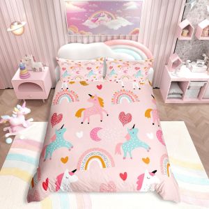 Cheng-Parure De Lit Enfant Licorne Filles 140x200 Parure De Lit Arc-En-Ciel Adolescent B&eacute;b&eacute; Rose Housse De Couette Femme Mignon Licorne Chevaux Parure De Lit Avec 1 Taie D'oreiller, Beau Motif Licorn - Neuf