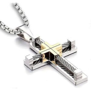Collier Croix Homme 316l En Acier Inoxydable Grand Jésus Christ Pendentif Blanc/Or/Noir Bijoux Rolo Chaîne Pour 20'' 22'' 24'' 26'' 28 - Neuf