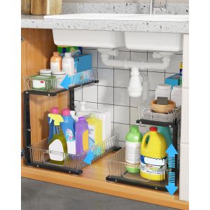 Lot De 2 Rangement Sous Evier Cuisine,2 Niveaux Tiroir Coulissant,M&eacute;tal Cadre Hauteur R&eacute;glable Organisation Sous Evier &Agrave; Extraction,Noir - Neuf