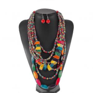 Femmes Collier Set Boh&egrave;me Africain Ethnique Pompon Pendentif En Bois Color&eacute; Pour Festival-Yujia - Neuf