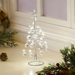 KAL-Lampe Led Décorative En Forme De Sapin De Noël En Spirale Avec Boules De Cristal, Ornement Noël Alimenté Par Batterie/Usb Avec Guirlande Lumineuse Pour Maison Bureau Chambre, Petit/Argent - Neuf