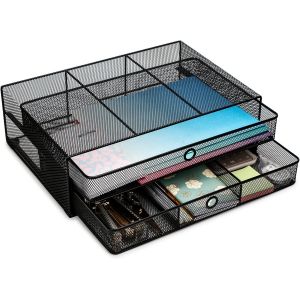 SUBZONAL-Supports pour Moniteurs d'Ordinateur, Pr&eacute;sentoir de Moniteur avec Tiroirs Max 15kgs, Organisateur de Bureau en Fil M&eacute;tallique, Lapdesks, Noir - Neuf