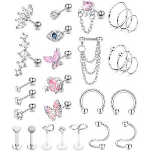 27 Pieces 16g Tragus Cartilage Piercing Surgical Steel Cz Ear Cartilage Helix Ear Piercing Conch Piercing Tragus Rings Piercing Jewellery For Women Girls - Neuf