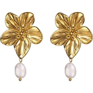 Chenquansarl-Boucles D'oreilles Femme En Acier Inoxydable En Forme De Fleur Avec Pendentif Perle Boucles D'oreilles Florales R&eacute;sistantes - Neuf