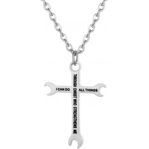 Kal-Crucifix Collier Croix Pour Homme En Acier, Cha&icirc;ne Croix Avec Inscription I Can Do All Things Collier Femme Signe De Confiance, Cadeau Anniversaire/Halloween/No&euml;l Couleur Noir Or Argent&eacute;, - Neuf