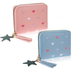 Lot De 2 Petits Portefeuilles De Voyage En Cuir Avec Fermeture Éclair Et Emplacements Pour Cartes,Mini Portefeuille De Voyage Avec Pendentif Étoile Et Pompon,Bleu Et Rose,Bleu Ou Rose - Neuf