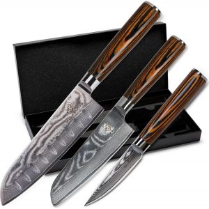 Chicslick-Santoku Lot De 3 Couteaux De Cuisine Professionnels En Acier Damassé 67 Couches Avec Couteau Santoku, Couteau De Bureau, Boîte Cadeau Et Protège-Lame[X1477] - Neuf