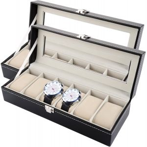 Kal-Lot De 2 Boîtes À Montres Pour Homme - Pour 6 Montres - Avec Fenêtre En Verre - Support De Montre - Rangement De Montres Et De Bijoux - Neuf