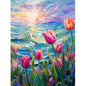 Ayuhr-5d Diamond Painting Kits Tulipes, Peinture À Faire Soi-Même Avec Des Fleurs De Mer D'art De Diamant Rond Plein Forage Cristal Diamant Pour Décoration Murale De Bureau À Domicile 30x40 Cm - Neuf