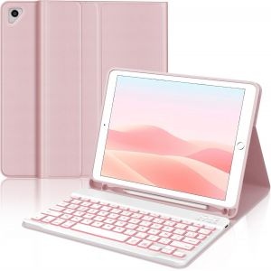 Clavier Pour Ipad 9.7"" 6ème/5ème Génération 2018/2017 Avec Rétroéclairé, Étui Clavier Pour Ipad Pro 9.7, Air 2/1 Magnétique Amovible Français Azerty Layout, Rosa - Neuf