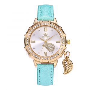 Montre Zhoulianfa Pour Femme Avec Pendentif Feuille En Alliage Et Strass, Bracelet En Cuir Pu (Menthe) - Neuf