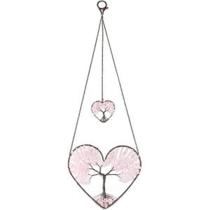 Ventes promotionnelles Rose Quartz Coeur Arbre de Vie Capteur de Rêves Suspendu Ornement Bohème Rose Double Coeurs Arbre de Vie Cristal Fenêtre Voiture Art Mural H - Neuf