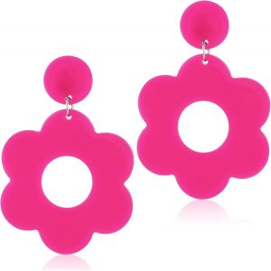 Kal-Boucles D'oreilles Néon Pour Femme Acrylique Boucles D'oreilles De Fleur Rétro Années 80 Et 90 Fleurs Boucles D'oreilles De Fête Pour Filles Halloween Noël Créoles Bijoux De Fête (Rose) - Neuf