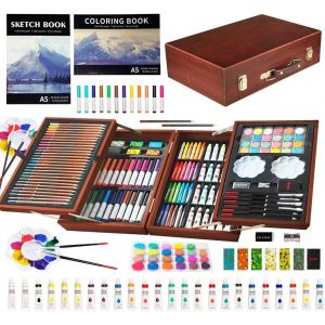 Mallette dessin Enfant, 139 pi&egrave;ces coloriage kit dessin Enfant, Art Set, Mallette de Coloriage avec bo&icirc;te en bois (Brun) - Neuf