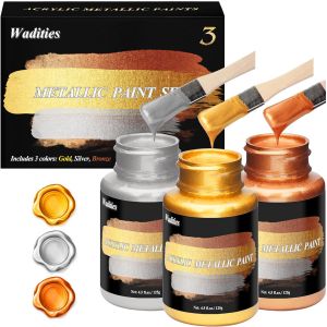 Mevronisshop-Peinture Arylique M&eacute;tallique Or & Argent & Bronze 375ml, Peinture Feuille D'or Pour Peinture D'art, Id&eacute;al Pour Toile, Bois, Argile, Tissu, C&eacute;ramique, Pierre, Verre Fournitures D'artisana - Neuf