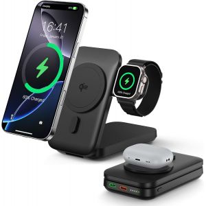 CMJAAGUR-Batterie Externe Magnétique Sans Fil, Station De Charge 3 En 1 10000Mah Sans Fil Powerbank Pd 20W Usb C Chargeur Induction Power Bank Compatible Avec Apple Watch/Airpods/Iphone 16/1[M2275] - Neuf