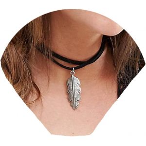 Kal-Boho Collier Ras De Cou En Cuir Superpos&eacute; Collier Pendentif Feuille D'argent Collier En Daim Noir En Velours Collier Vintage Bijoux De Cha&icirc;ne Pour Femmes Et Adolescentes (Avec Feuille) - Neuf