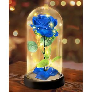 TRAHOO-Cadeaux de Fête des Mères pour Femmes - Rose Eternelle sous Cloche Cadeau Femme - 1 Rose de Soie Bleu, Rose Dôme en Verre Fleur Artificielle avec LED Lumières, Cadeau pour Petite Amie,Femme,Ma - Neuf