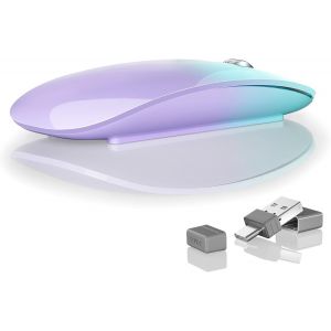 KALANKA-Souris Bluetooth Rechargeable, Trois Modes (BT5.1/5.1+ 2.4G sans Fil), Silencieuse et Ultra Mince Mouse Portable pour Ordinateur Portable, iPad, Laptop, PC, Vert et Violet - Neuf