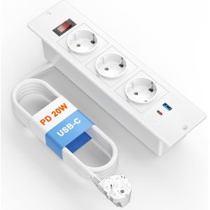 Bloc Prise Encastrable avec USB C PD 20W, Multiprise Encastrable 3 Prises avec Port USB et USB C, C&acirc;ble 1,8 m, Blanc - Neuf