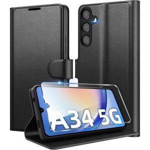 AEFJ-Coque pour Samsung Galaxy A34 5G en Premium Cuir PU, Portefeuille Housse Etui pour Cartes Protection Anti-Choc Flip Case avec 1 Verre Tremp&eacute; Noir - Neuf