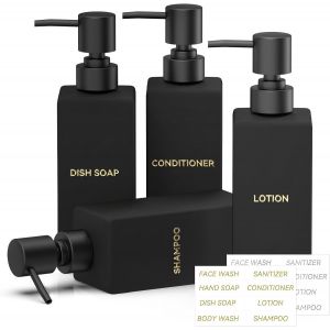 KAL-4 Pièces Distributeur De Savon Douche Noir, 350 Ml Distributeur De Savon De Cuisine Distributeur De Liquide Vaisselle, 12 Oz Distributeur De Savon À Main Avec Pompe En Plastique Etiquettes Etanch - Neuf