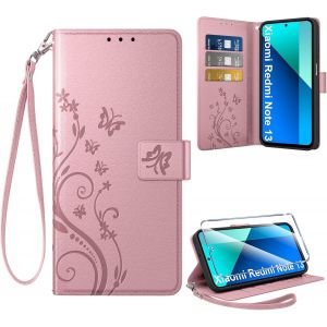 Kal-Coque Pour Xiaomi Redmi Note 13 4g + 1 Verre Trempé, Retro Design Housse Premium En Cuir Pu Pochette De Portefeuille Pour Porte Cartes Fonction Stand Flip Etui Pour Redmi Note 13, Gold - Neuf