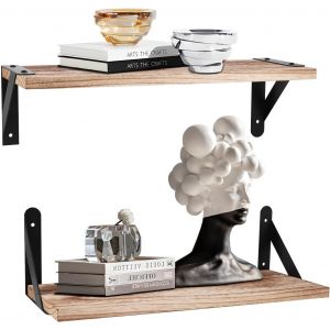 Cauc-Lot De 2 &Eacute;tag&egrave;res Murales Flottantes En Bois Profond Avec Support En M&eacute;tal Pour Salon, Chambre, Salle De Bain, Cuisine, Buanderie, Affichage Photo, Organisation De La Maison - Neuf