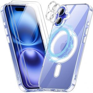 Store-5 En 1 Magnétique Coque Pour Iphone 16 Avec 2 Verre Trempé Et 2 Caméra Protecteur,Compatible Avec Magsafe,Étui Aimantée De Protection Dos Pc Et Bumper Tpu-Transparente - Neuf