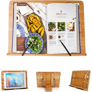 JEXNOVASHOP-Support de Livre en Bambou. Porte-Livre avec 2 Supports de Page en Métal. Support Pliable et Réglable pour Ipad/Tablette/Livres de Cuisine/Support de Document de Bureau - Neuf