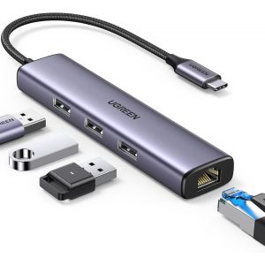 Hub USB C Ethernet Gigabit RJ45 1000Mbps avec 3 Ports 5Gbps Compatible avec iPhone 16 Plus Pro Max 15 MacBook iPad Air 2024 Surface XPS Galaxy S25 - Neuf