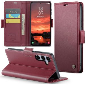 Maa-Coque Pour Samsung Galaxy S25, Étui Housse En Rfid Protection Premium Pu Cuir Portefeuille Rabat Case Magnétique Stand Antichoc, Étui Case Pour Samsung Galaxy S25, Rouge - Neuf
