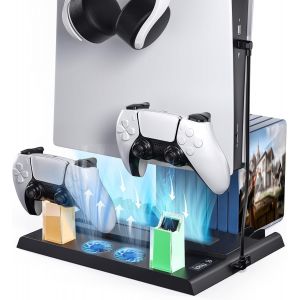 Lkljij-Support Ps5 Avec Ventilateur De Refroidissement À 2 Vitesses, Chargeur Manette Ps5 Avec Indicateur Led Ps5 Support Vertical Avec 15 Emplacements De Jeu(Edition Disc & Digital) (Noir) - Neuf